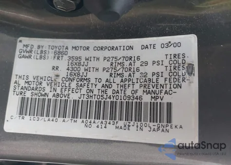 2000 Toyota Land Cruiser z USA, uszkodzony, nr VIN JT3HT05J4Y0109346